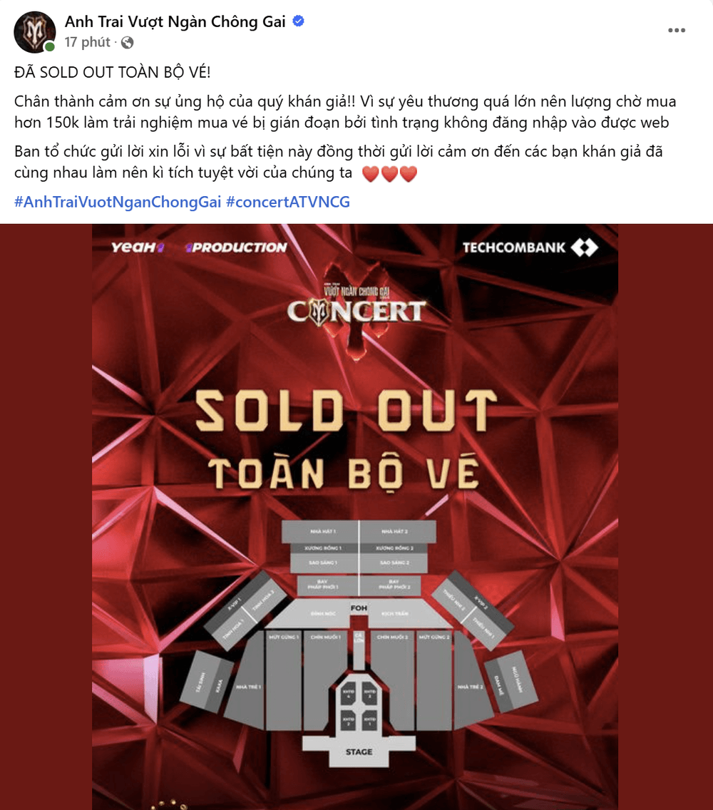 Đỉnh nóc: Sold out toàn bộ vé concert “Anh Trai Vượt Ngàn Chông Gai” tại Hà Nội trong vòng chưa đầy một tiếng