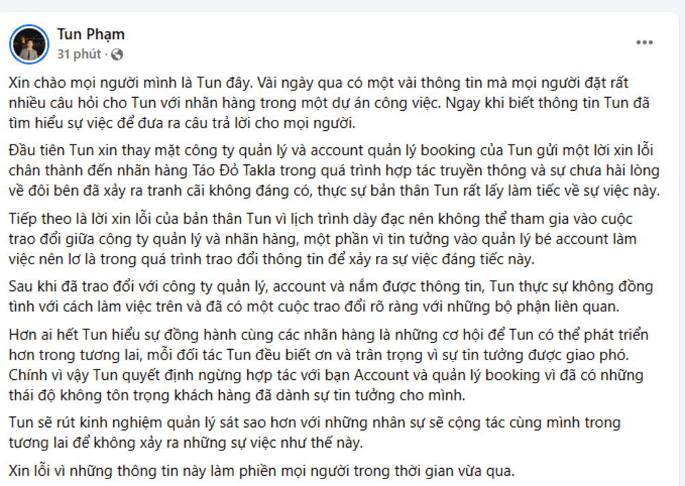 Phản hồi từ hai phía trong vụ việc Tun Phạm đọc sai tên nhãn hàng và từ chối yêu cầu quay lại 